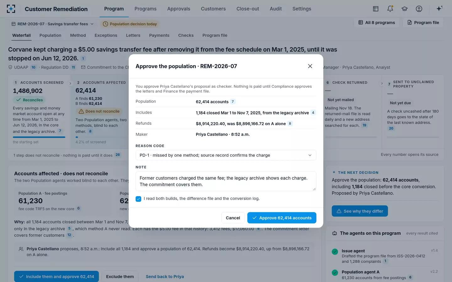 Customer Remediation — The population approved with a reason code