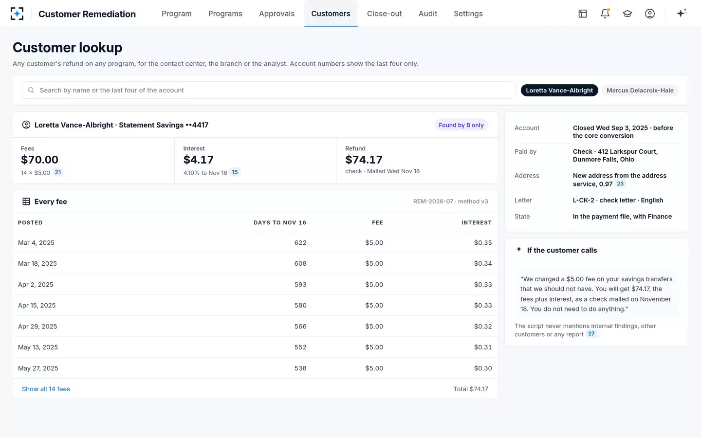 Customer Remediation — A remediation calculation, fee by fee