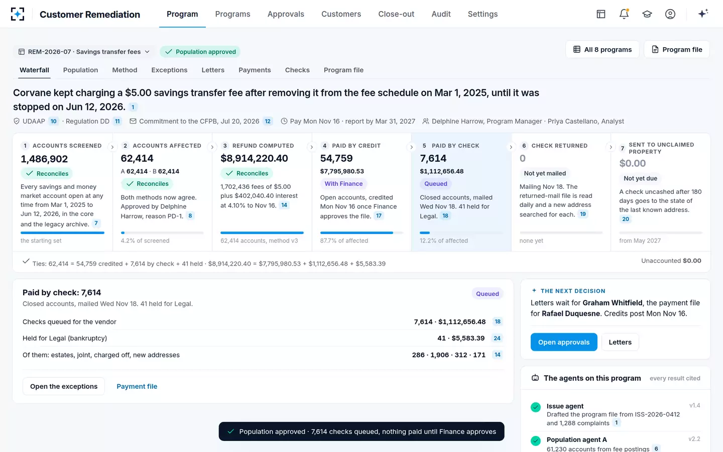 Customer Remediation — Refunds recomputed, every step reconciling