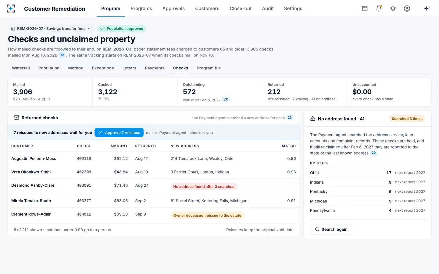 Customer Remediation — Returned checks and unclaimed property reporting