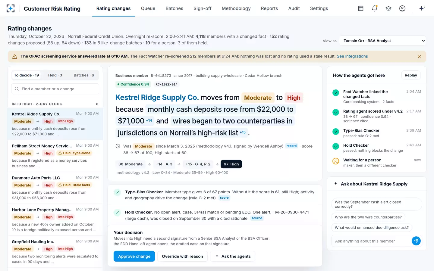 Customer Risk Rating — The customer risk rating as one sentence, every reason cited