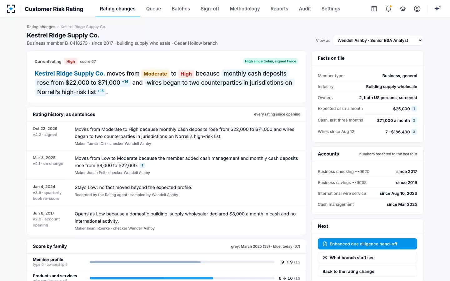 Customer Risk Rating — The member's customer risk profile: every past rating as a sentence
