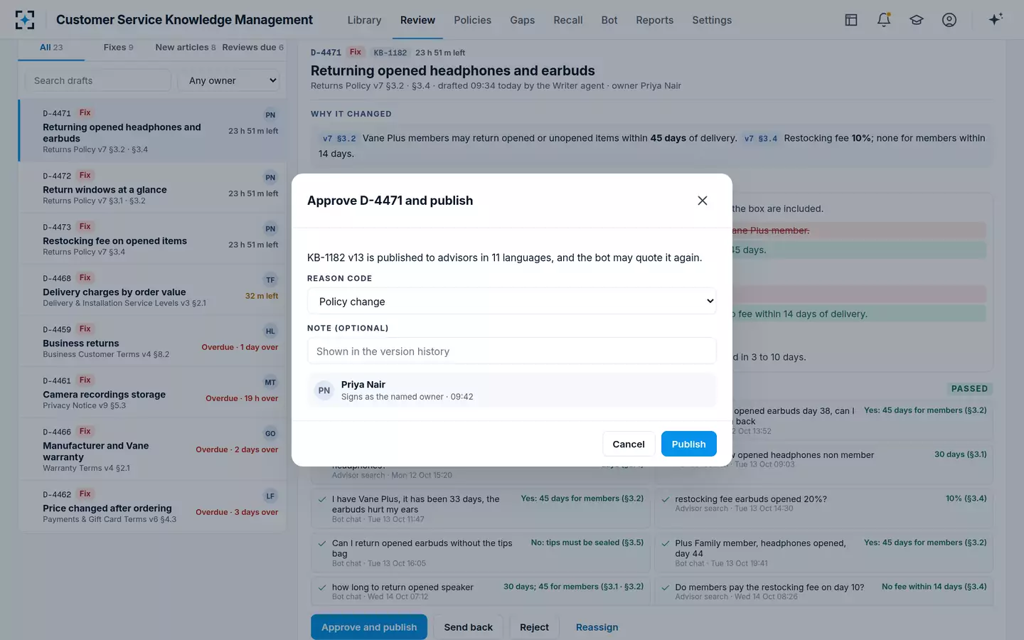 Customer Service Knowledge Management — Approve and publish