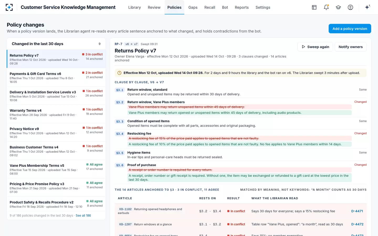 Customer Service Knowledge Management — Policy changes