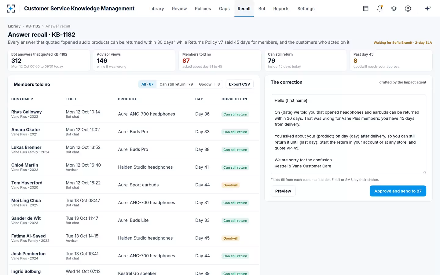Customer Service Knowledge Management — Answer recall