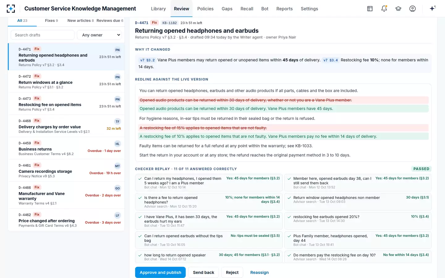 Customer Service Knowledge Management — Review the fix