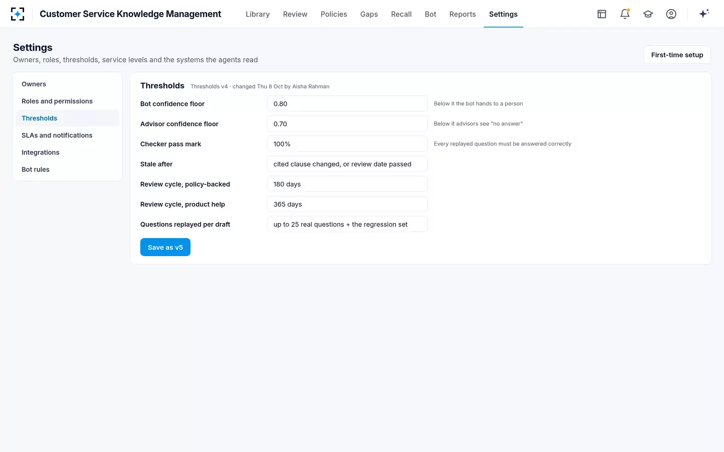 Customer Service Knowledge Management — Thresholds
