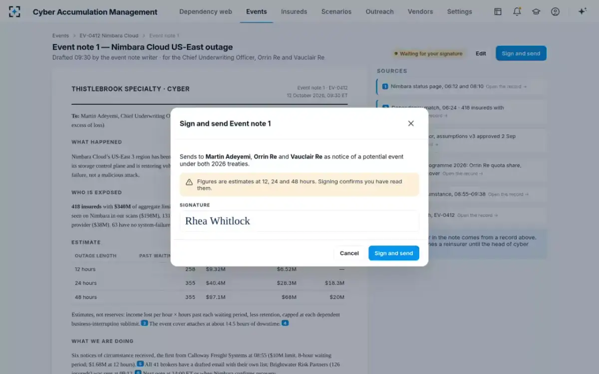 Cyber Accumulation Management — Sign and send