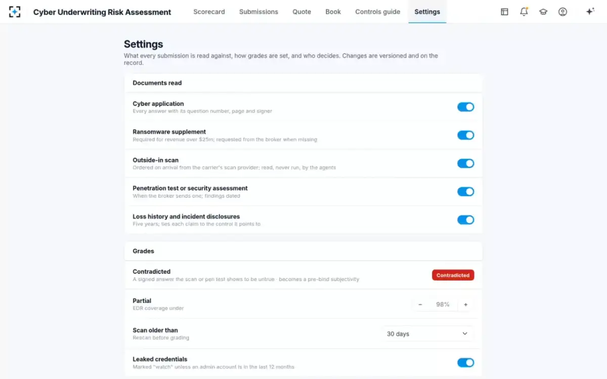Cyber Underwriting Risk Assessment — Settings