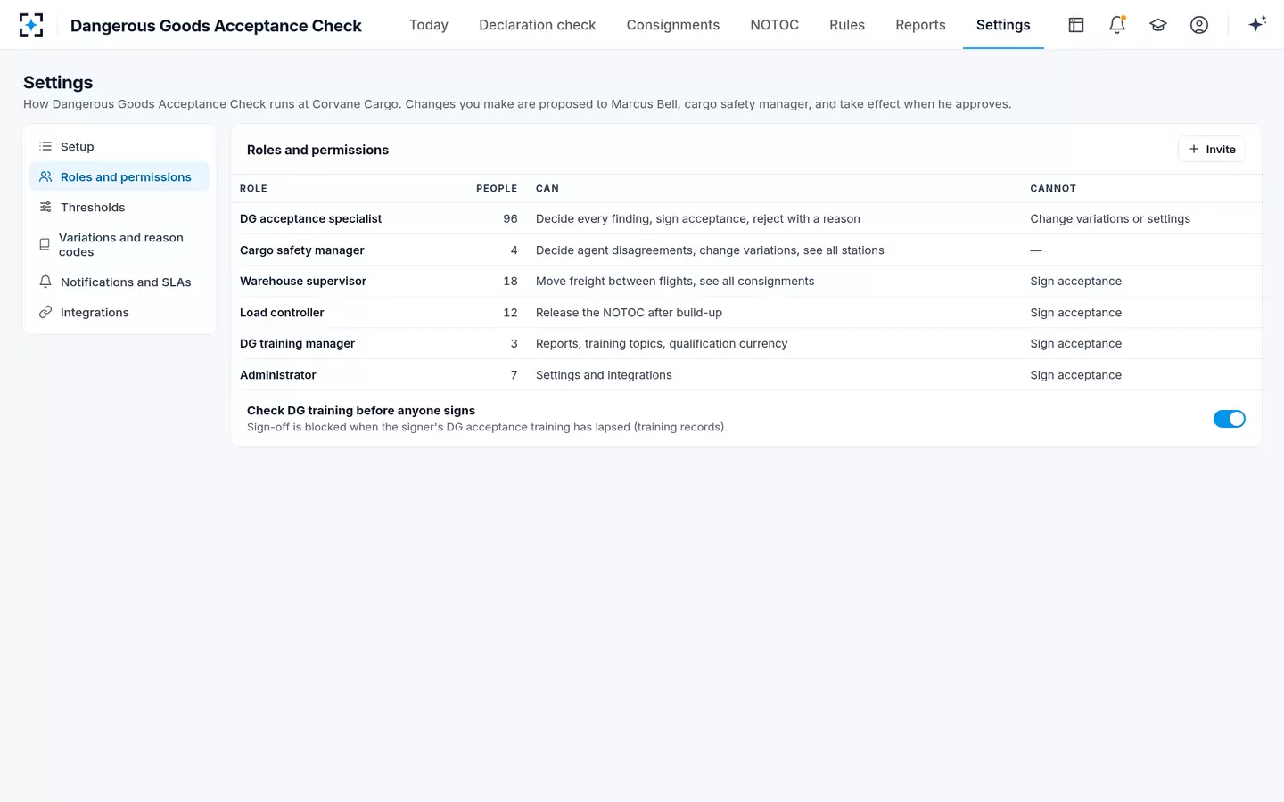 Dangerous Goods Acceptance Check — Roles and settings