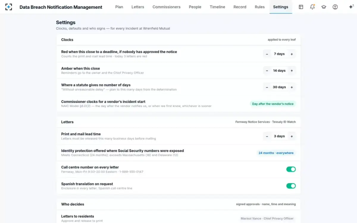 Data Breach Notification Management — Settings