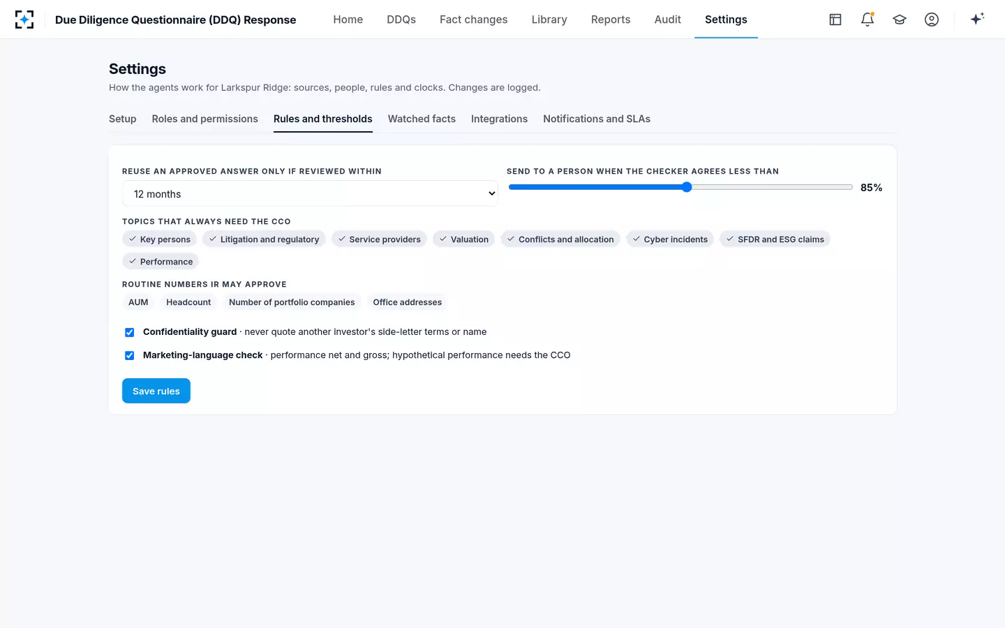 Due Diligence Questionnaire (DDQ) Response — Your rules