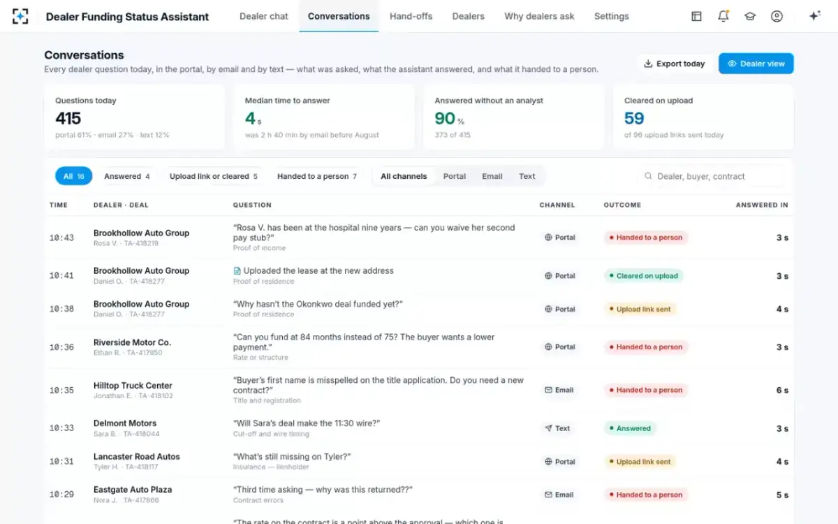 Dealer Funding Status Assistant — Every conversation