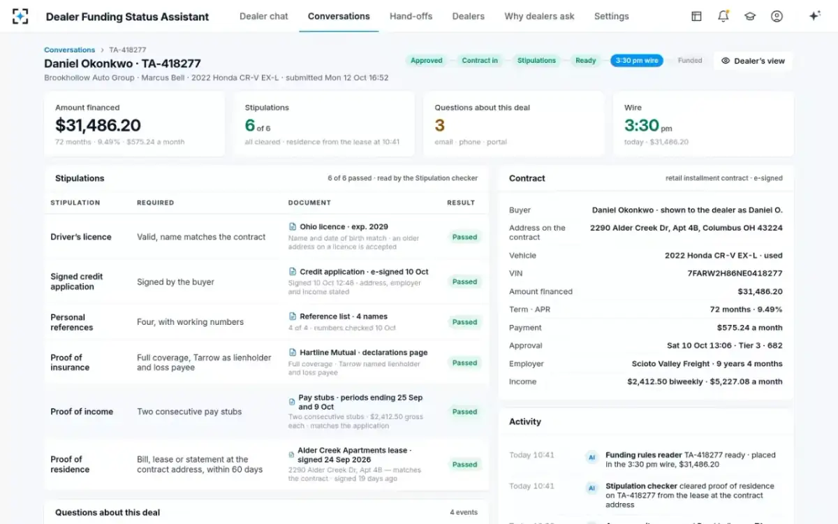 Dealer Funding Status Assistant — The deal, as funding sees it