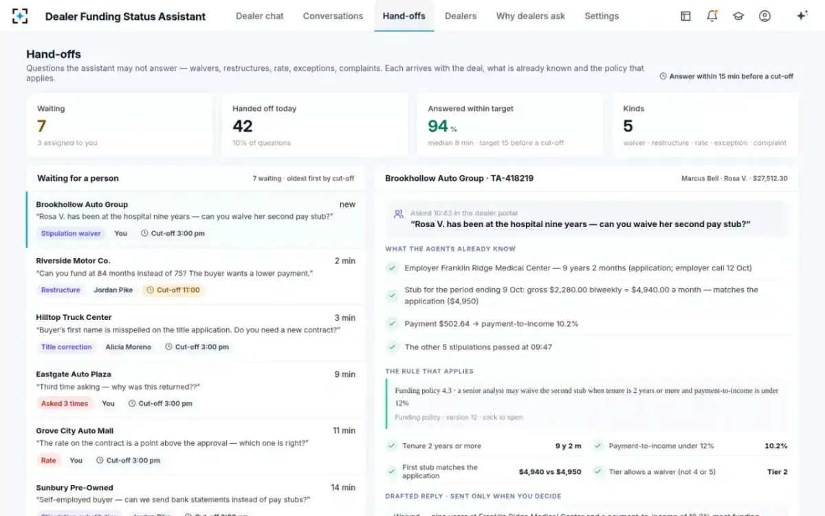 Dealer Funding Status Assistant — Hand-offs