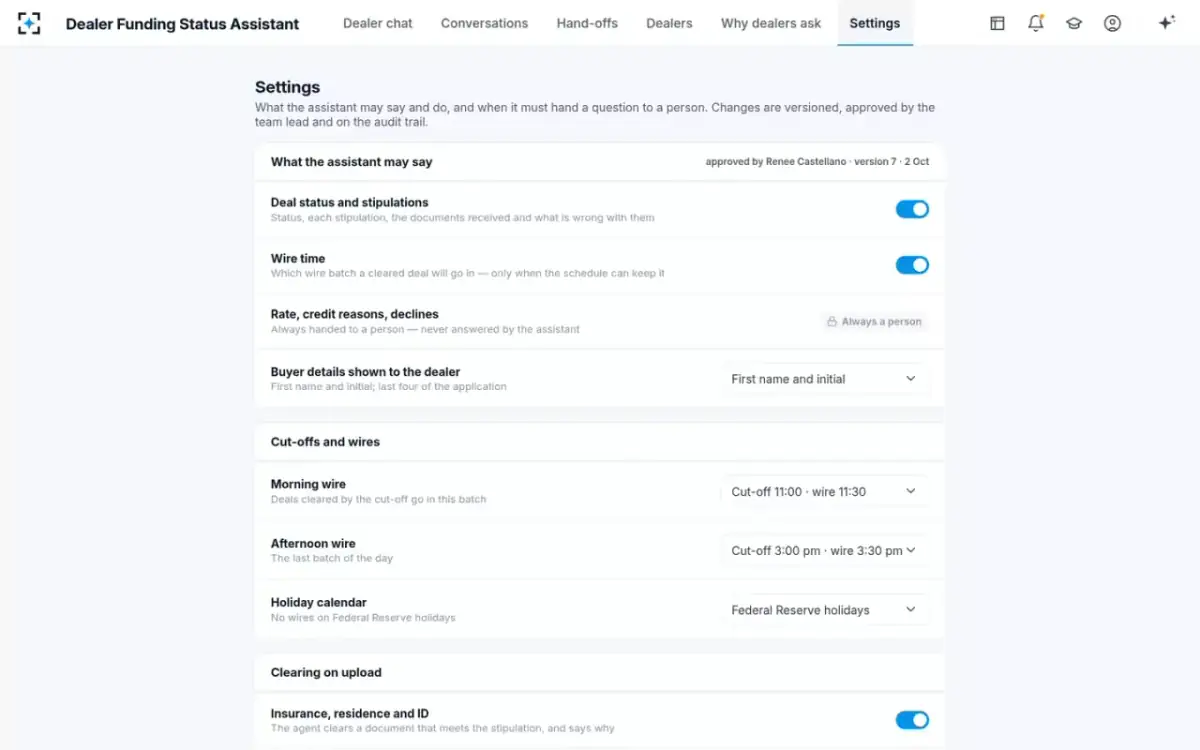 Dealer Funding Status Assistant — Your rules