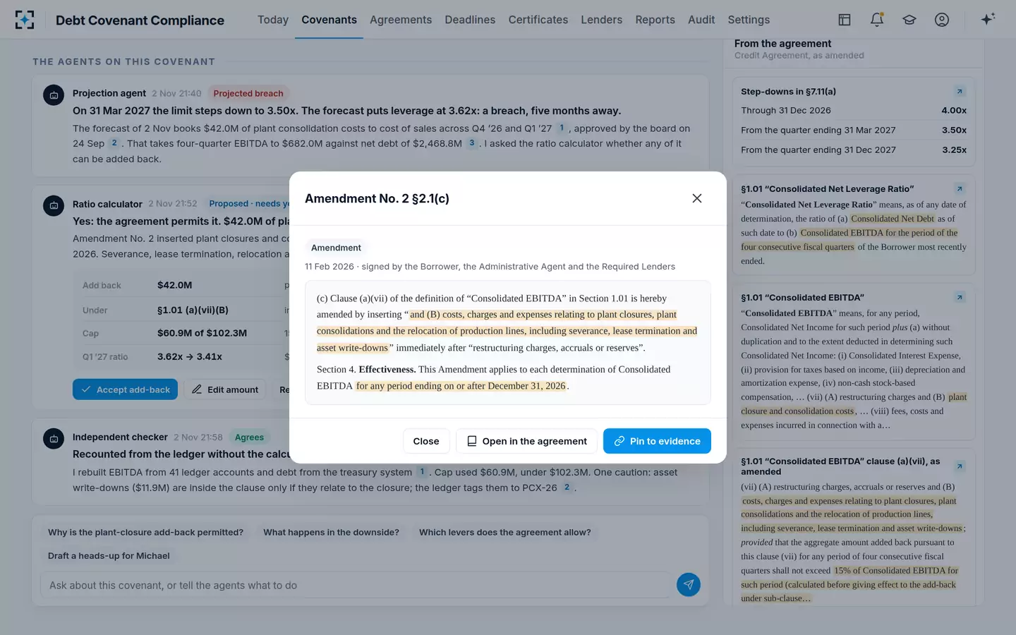 Debt Covenant Compliance — One click to the clause