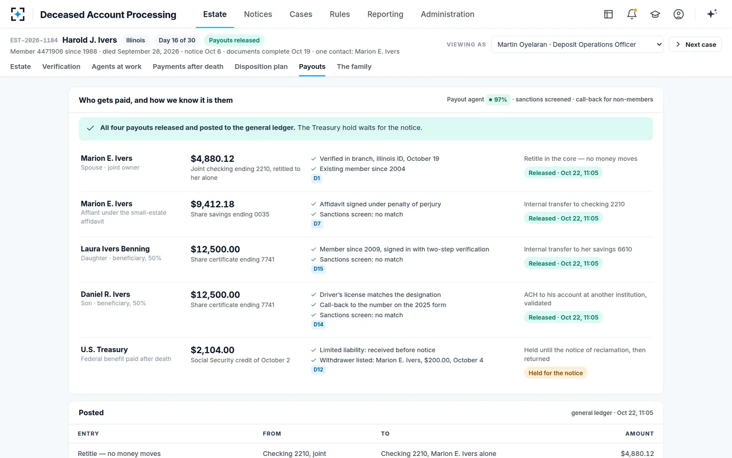 Deceased Account Processing — Payouts released by a second officer