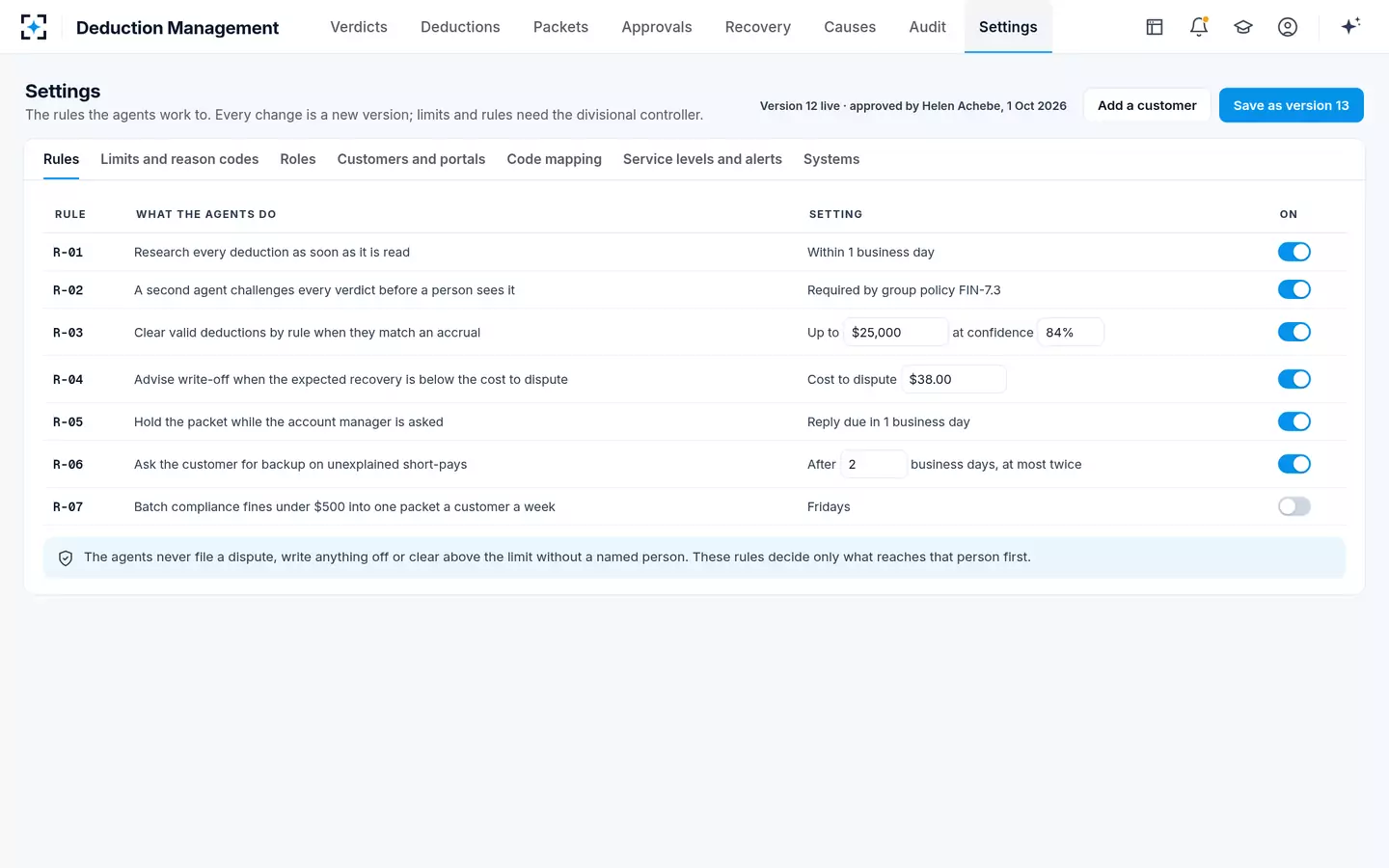 Deduction Management — Your rules