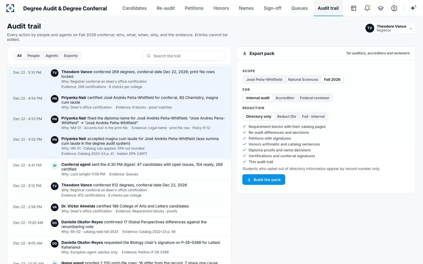 Degree Audit & Degree Conferral — A complete audit trail and a redacted export for auditors and reviewers