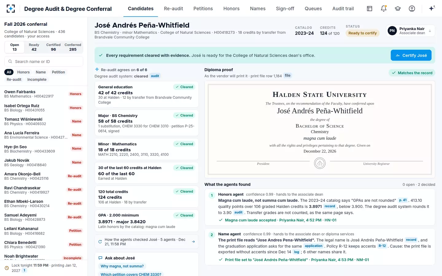 Degree Audit & Degree Conferral — Both corrections decided: the proof matches the record and José is ready to certify