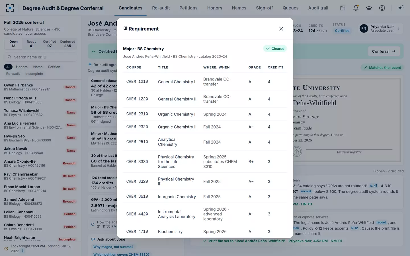 Degree Audit & Degree Conferral — Each requirement block opens the courses and catalog rule behind it