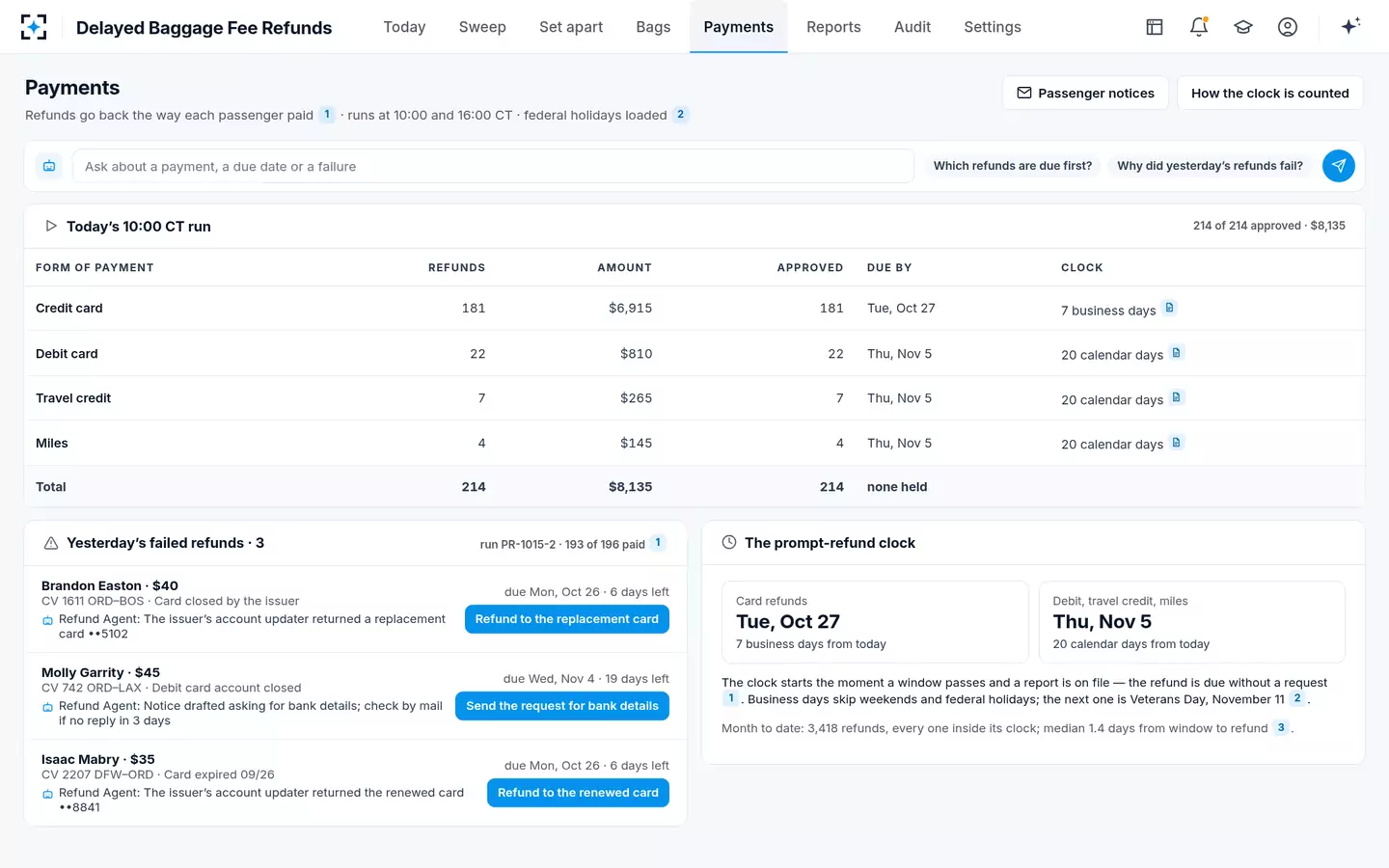 Delayed Baggage Fee Refunds — Payments and the prompt-refund clock