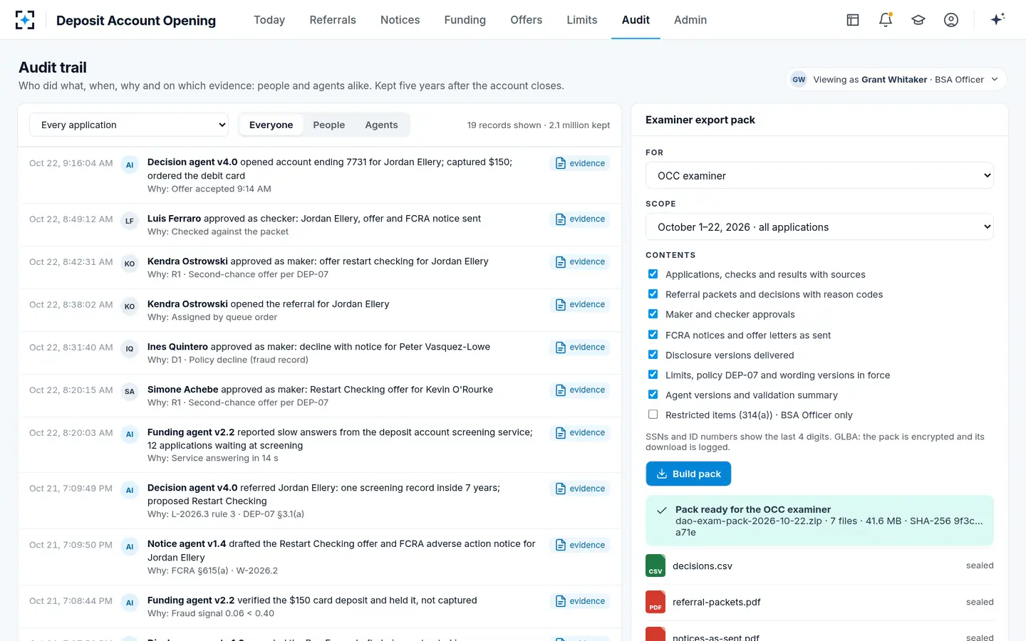 Deposit Account Opening — Audit trail and examiner pack