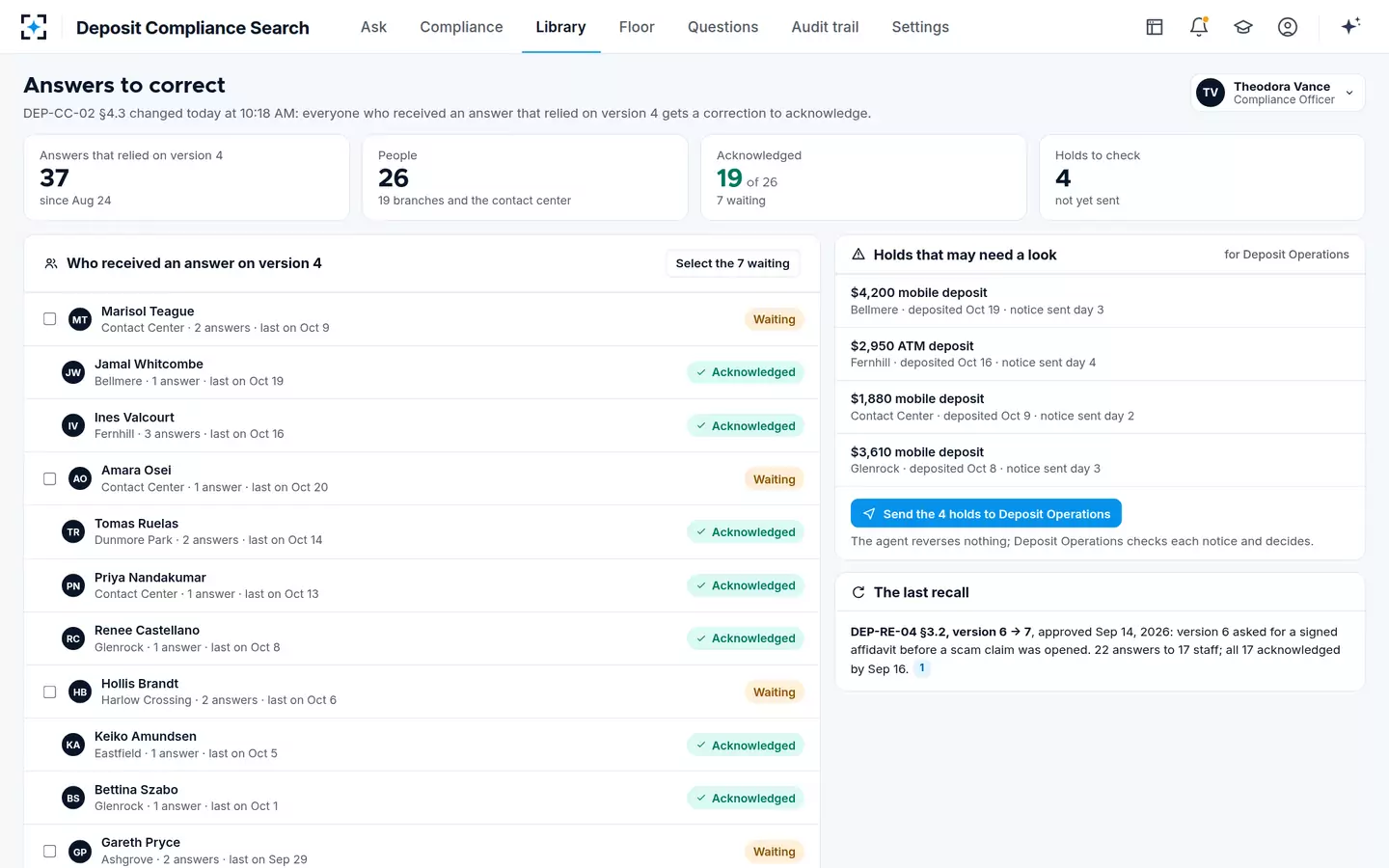 Deposit Compliance Search — Answers recalled after the change