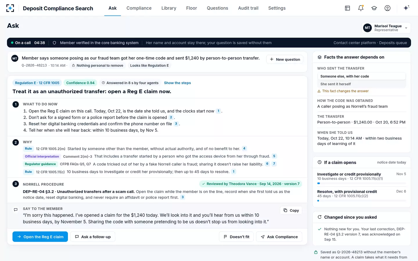 Deposit Compliance Search — A Reg E question answered in three cited layers