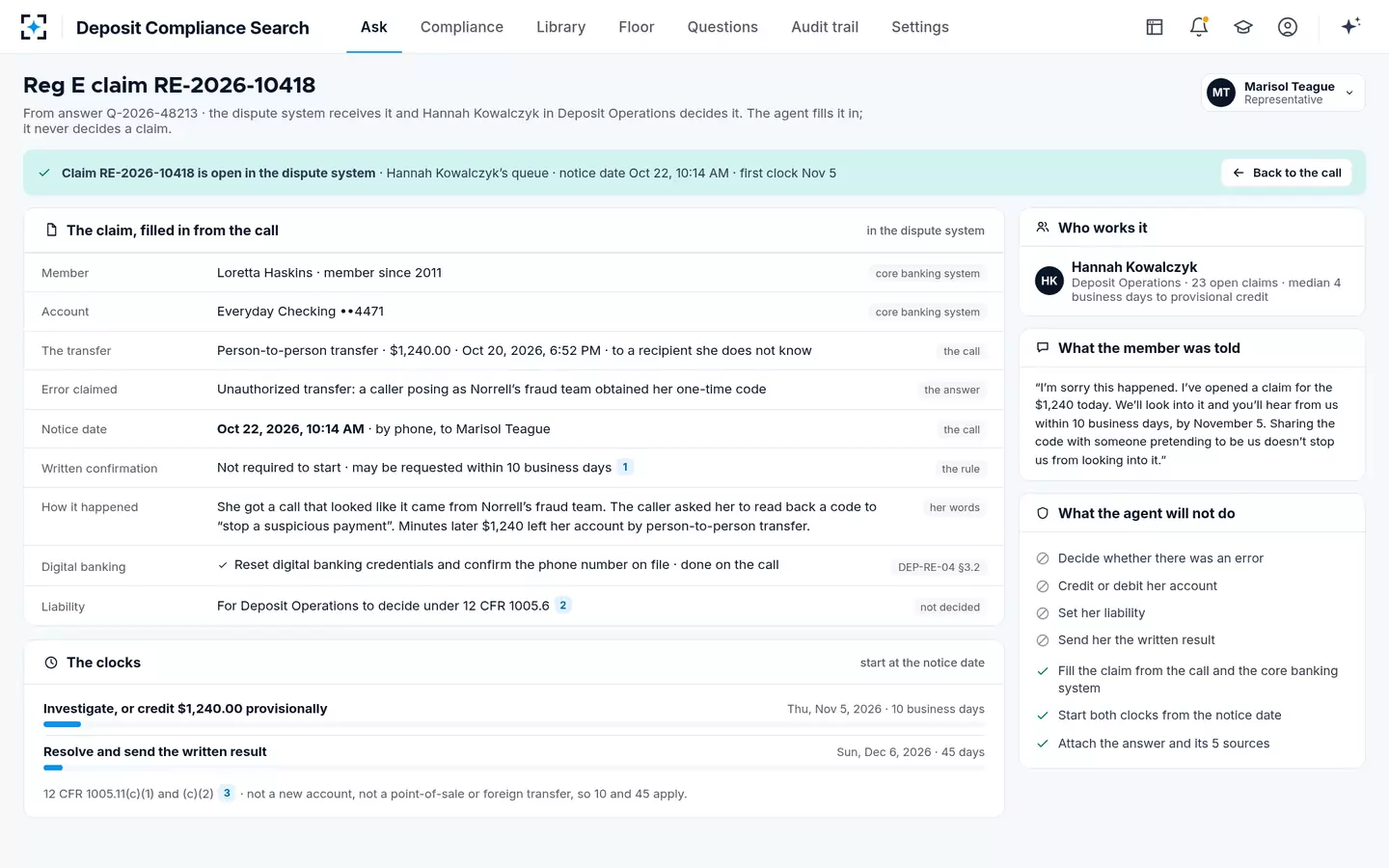 Deposit Compliance Search — Claim opened for Deposit Operations