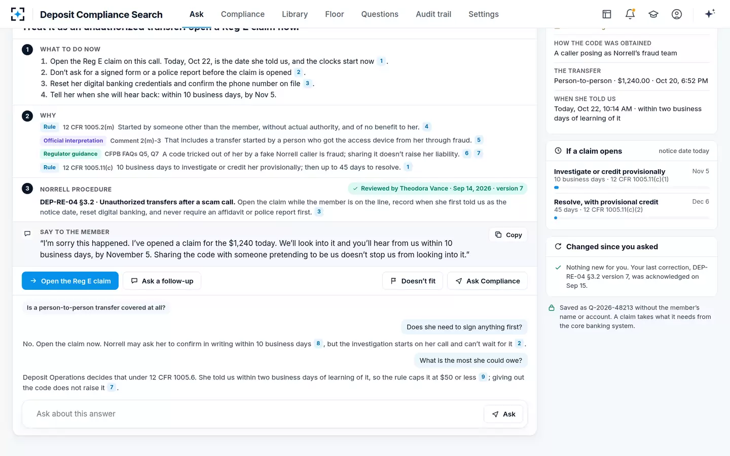 Deposit Compliance Search — Follow-up questions, cited