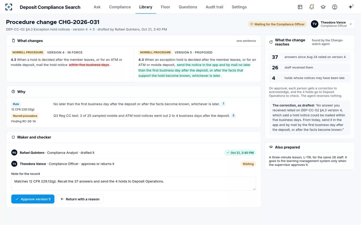 Deposit Compliance Search — A procedure change, maker and checker
