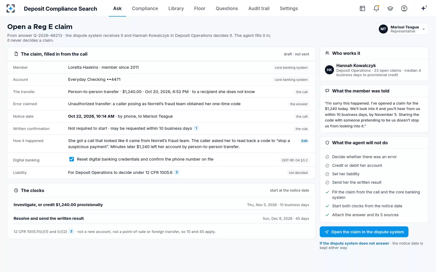 Deposit Compliance Search — The Reg E claim, filled in from the call