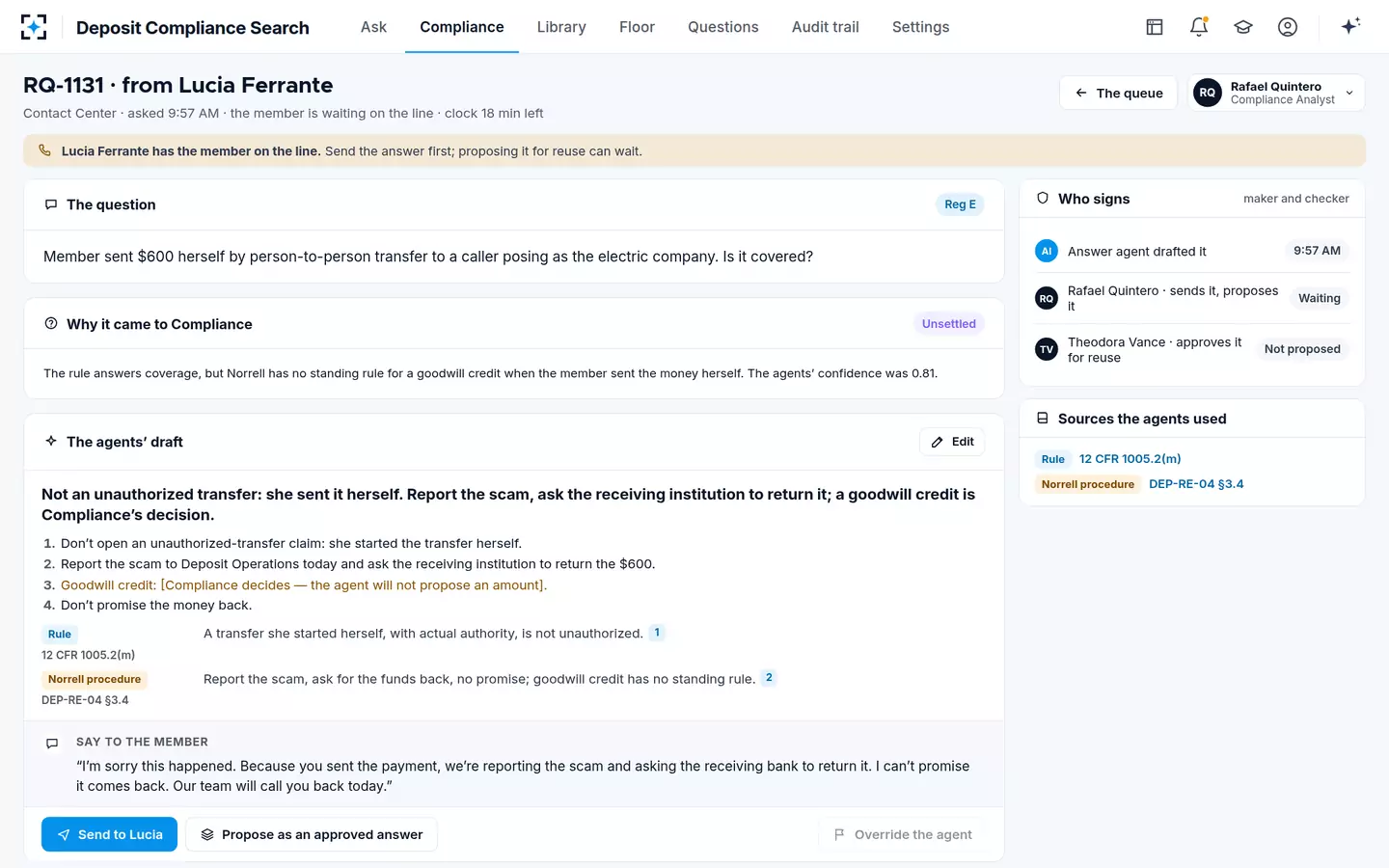 Deposit Compliance Search — A routed question and its draft