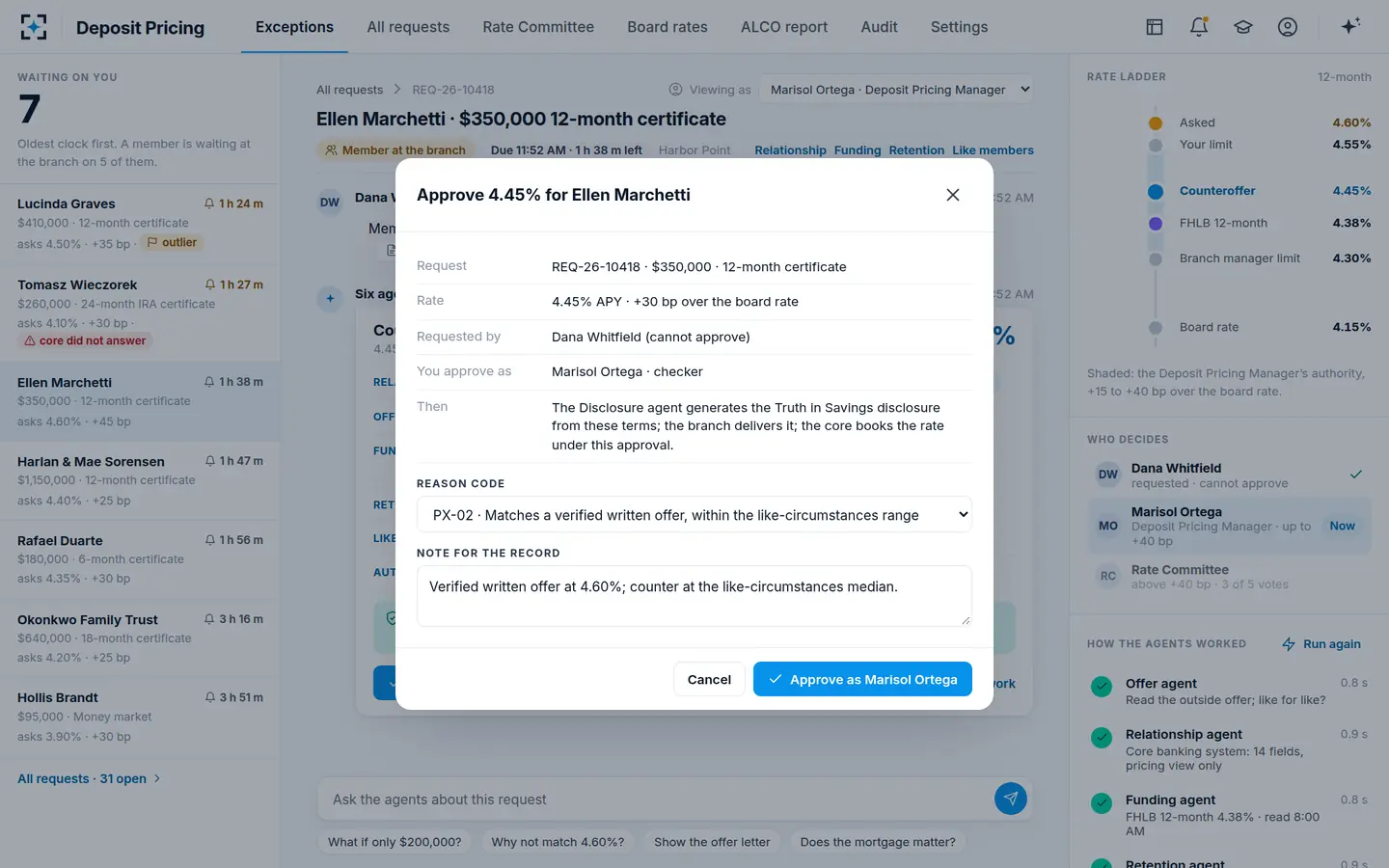 Deposit Pricing — Approve with a reason code