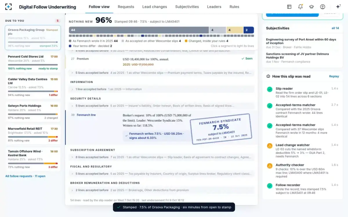 Digital Follow Underwriting — Stamped on the slip