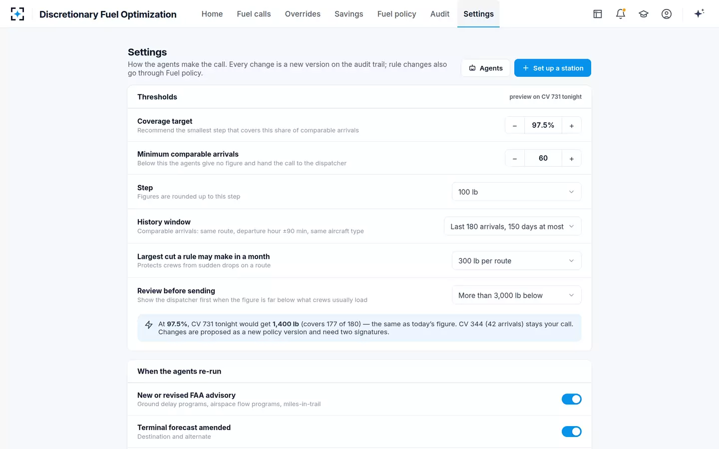 Discretionary Fuel Optimization — Thresholds and re-run triggers