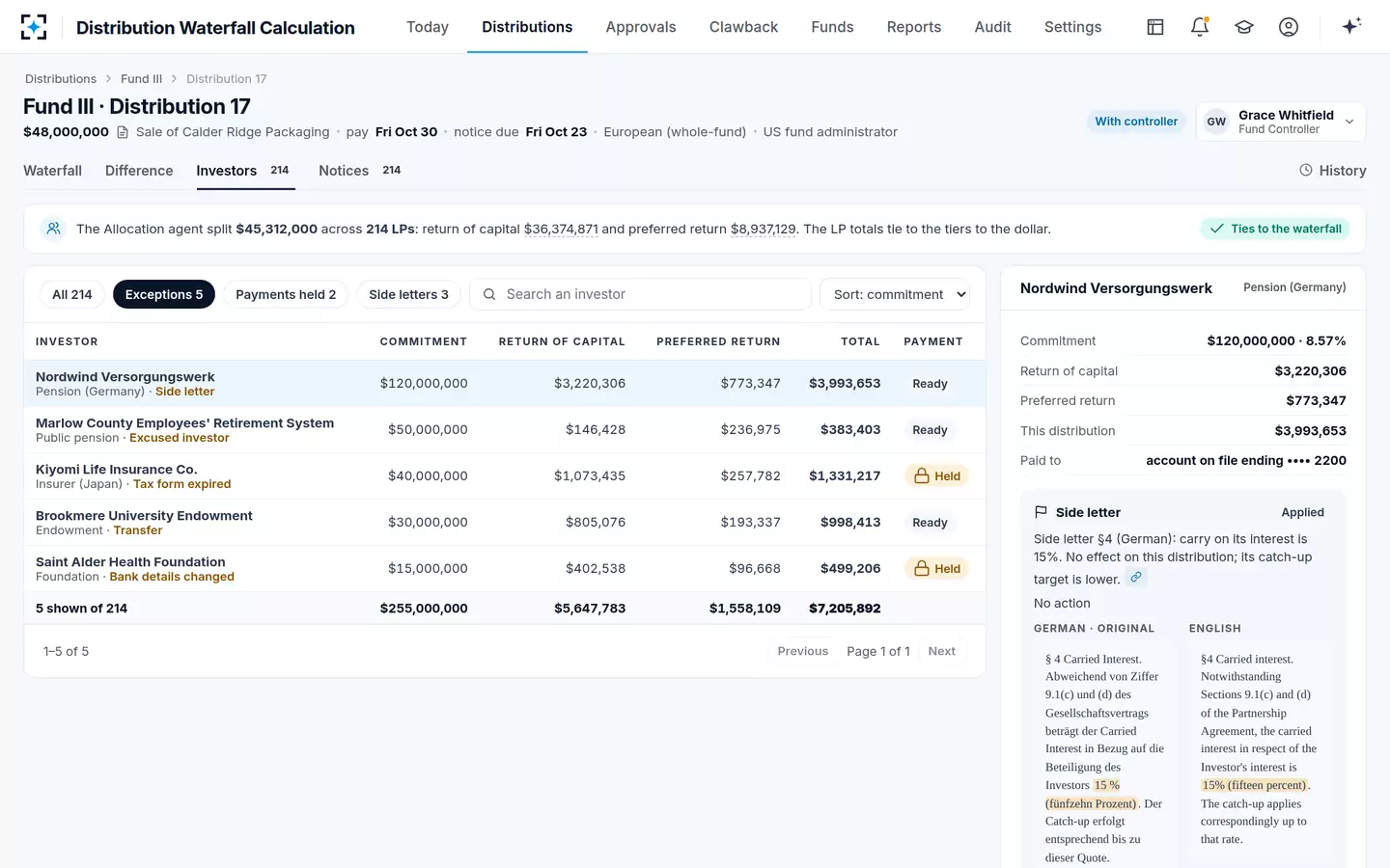 Distribution Waterfall Calculation — Investor allocation