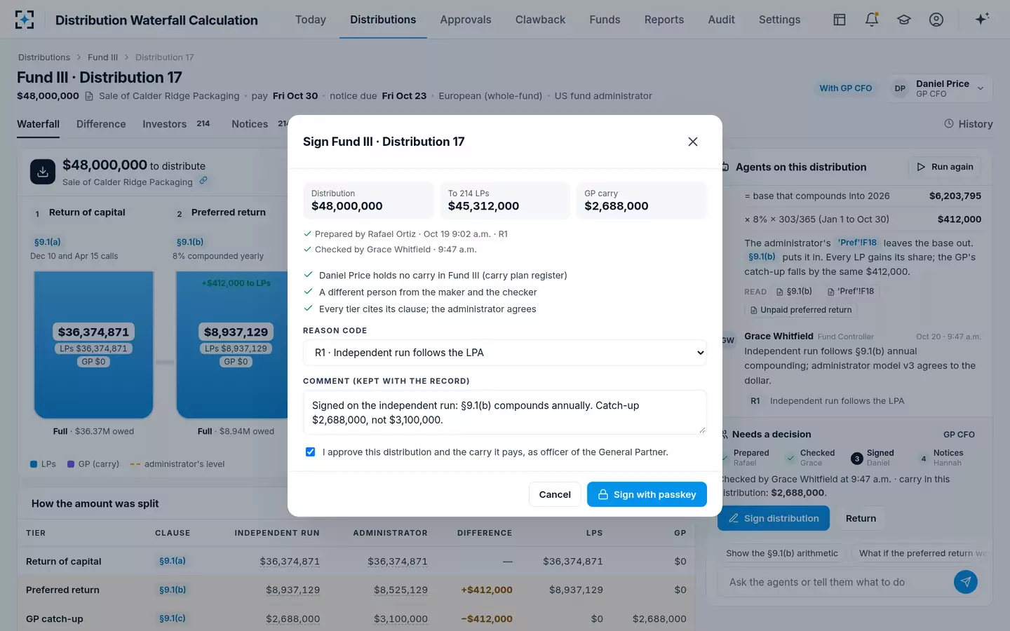 Distribution Waterfall Calculation — The GP CFO signs