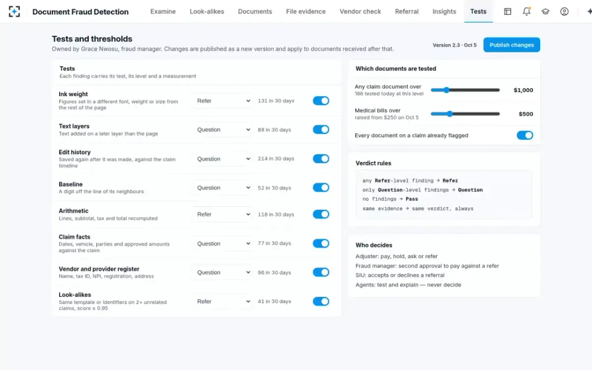 Document Fraud Detection — Tests and thresholds
