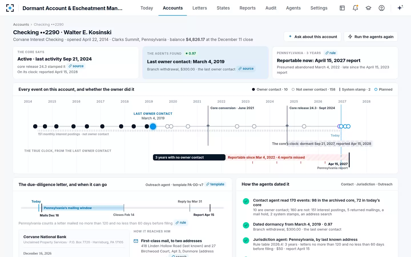 Dormant Account & Escheatment Management — One account's life, dot by dot