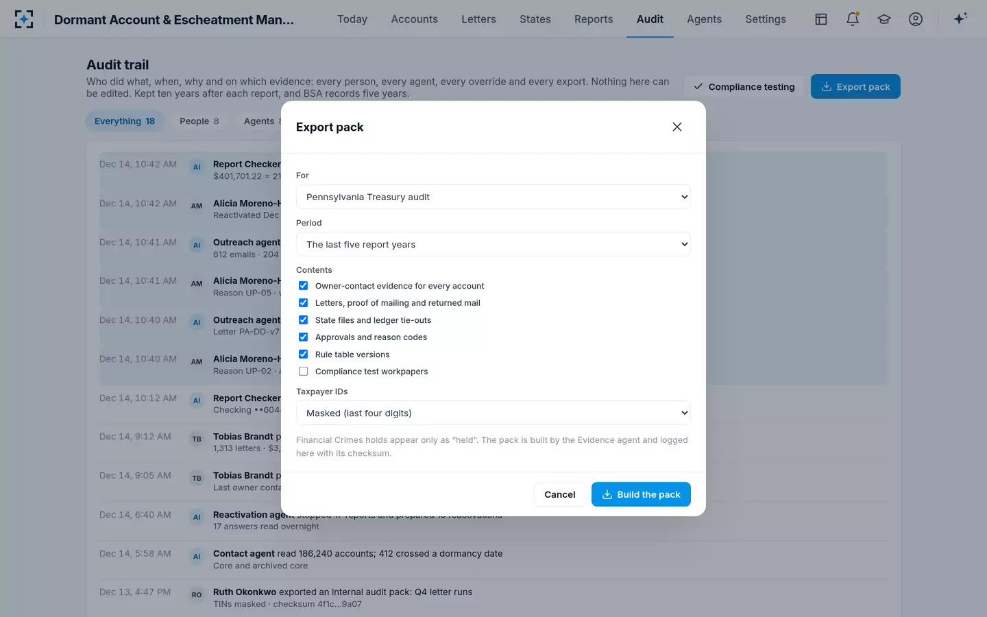 Dormant Account & Escheatment Management — Audit trail and export pack