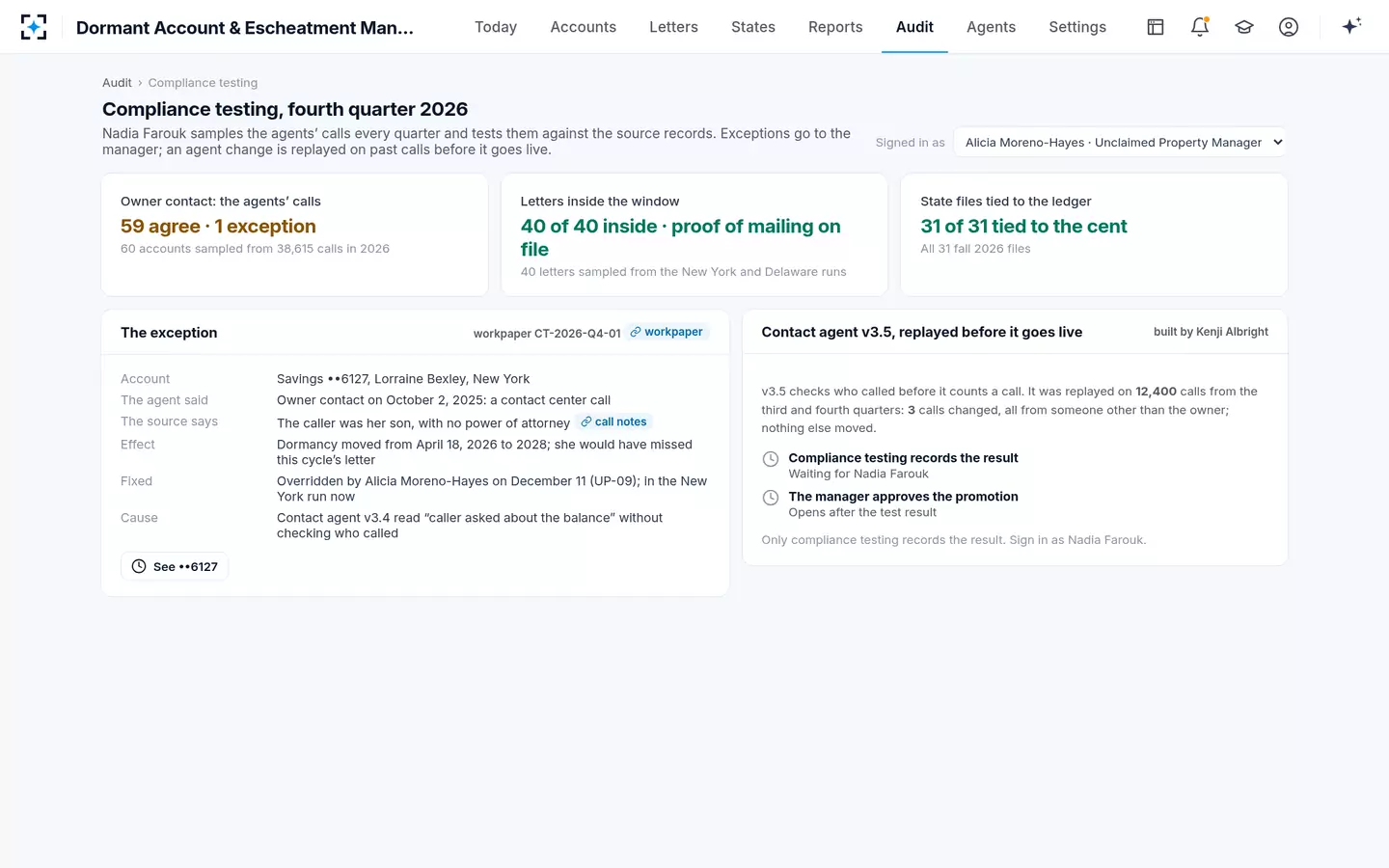Dormant Account & Escheatment Management — Compliance testing of the agents
