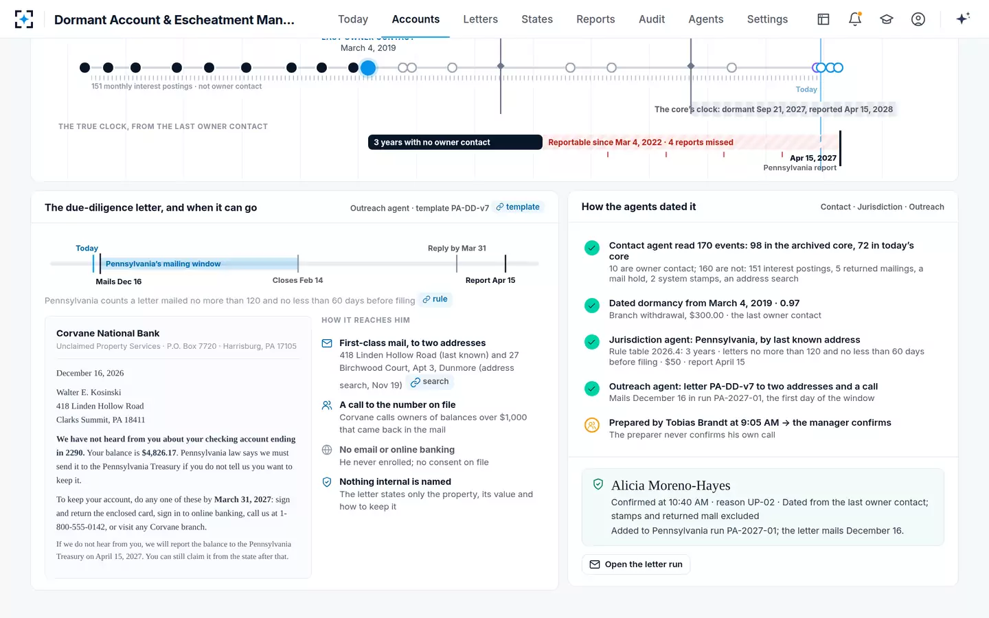Dormant Account & Escheatment Management — The manager signs the date