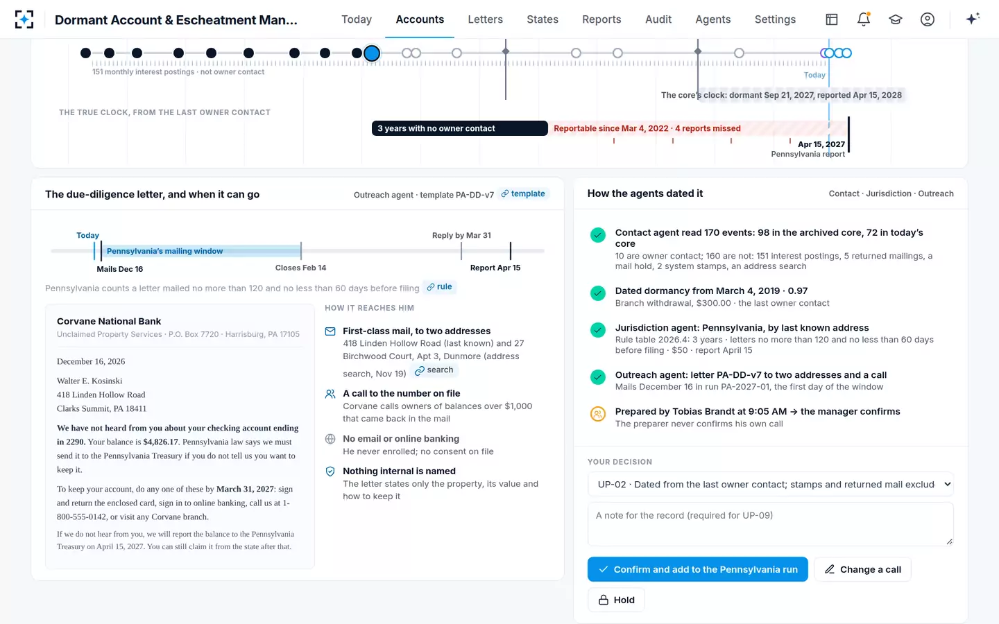 Dormant Account & Escheatment Management — The due-diligence letter, inside its window