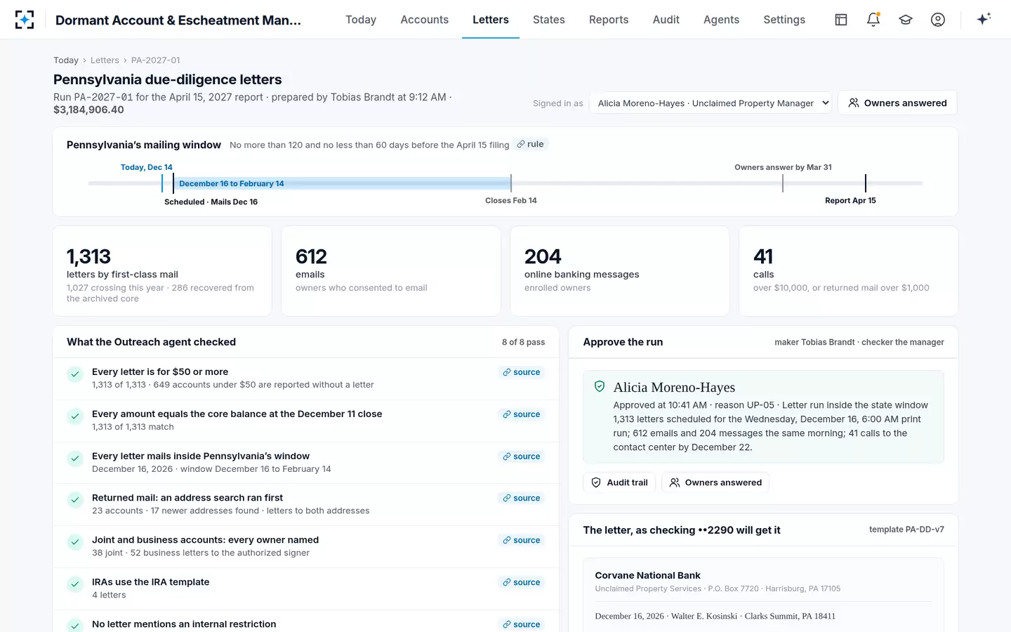 Dormant Account & Escheatment Management — 1,313 letters approved in one decision