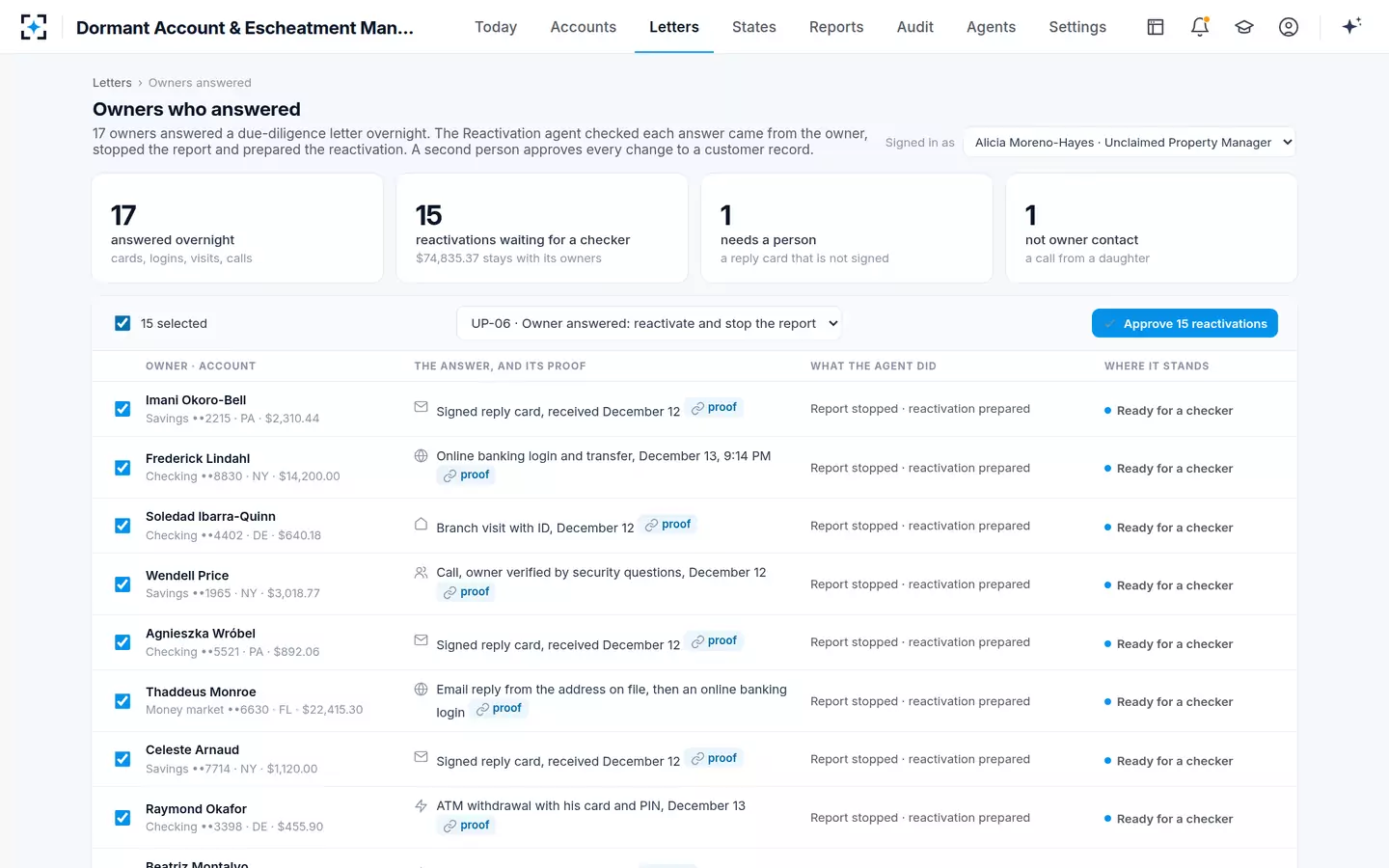 Dormant Account & Escheatment Management — Owners who answered