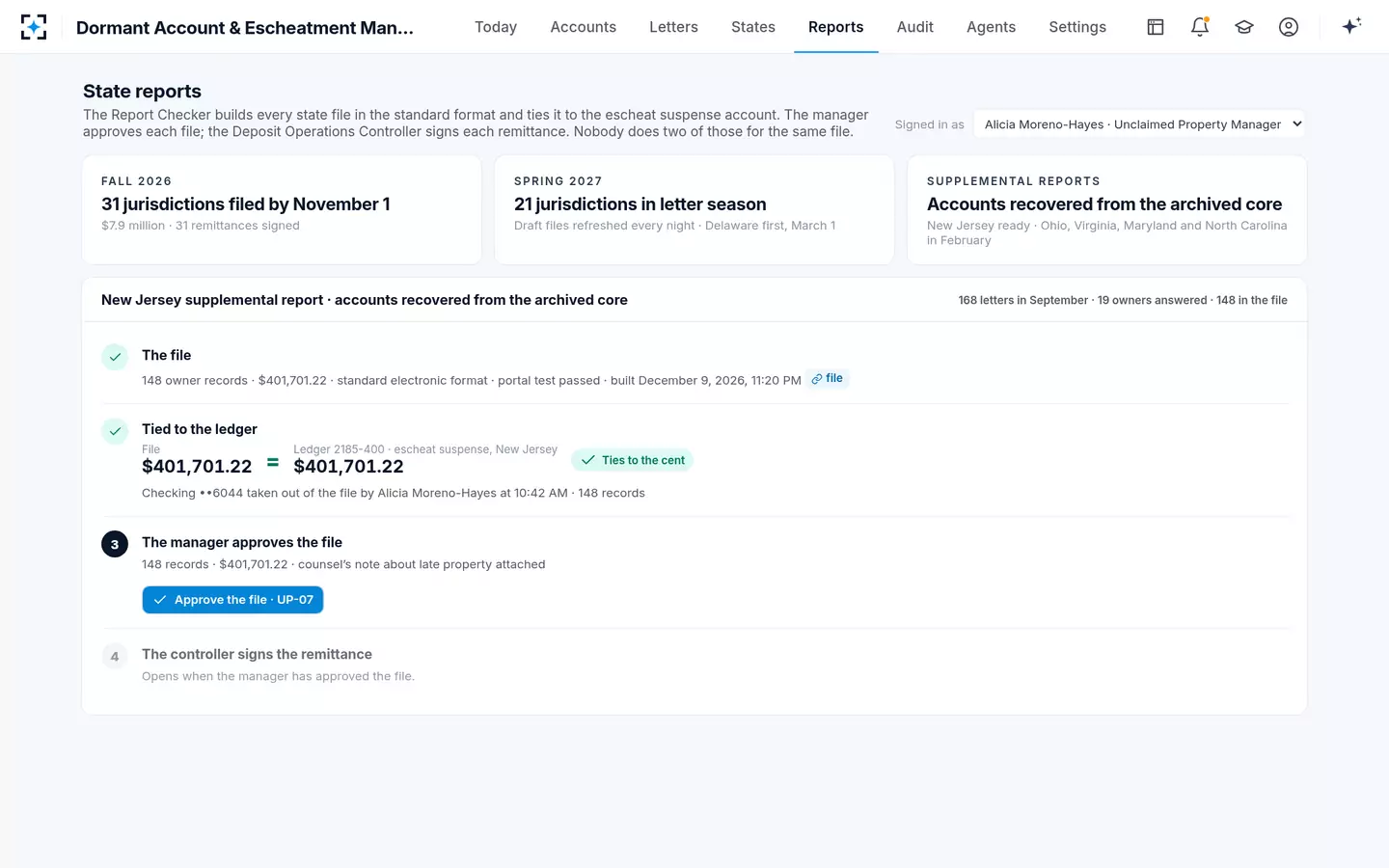 Dormant Account & Escheatment Management — A state file tied to the ledger