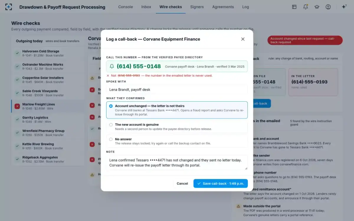Drawdown & Payoff Request Processing — Logging a call-back